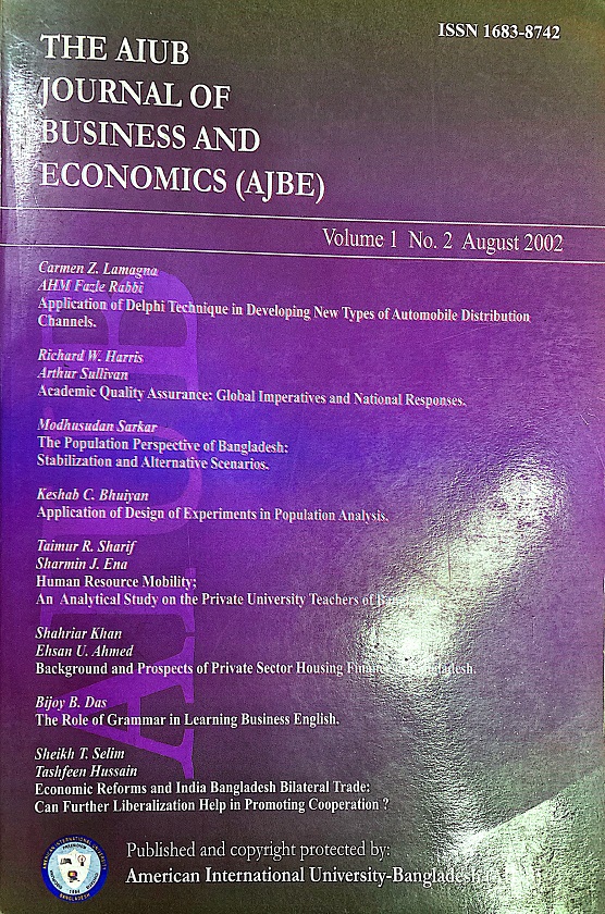 					View Vol. 1 No. 2 (2002): AIUB Journal of Business and Economics [AJBE]
				