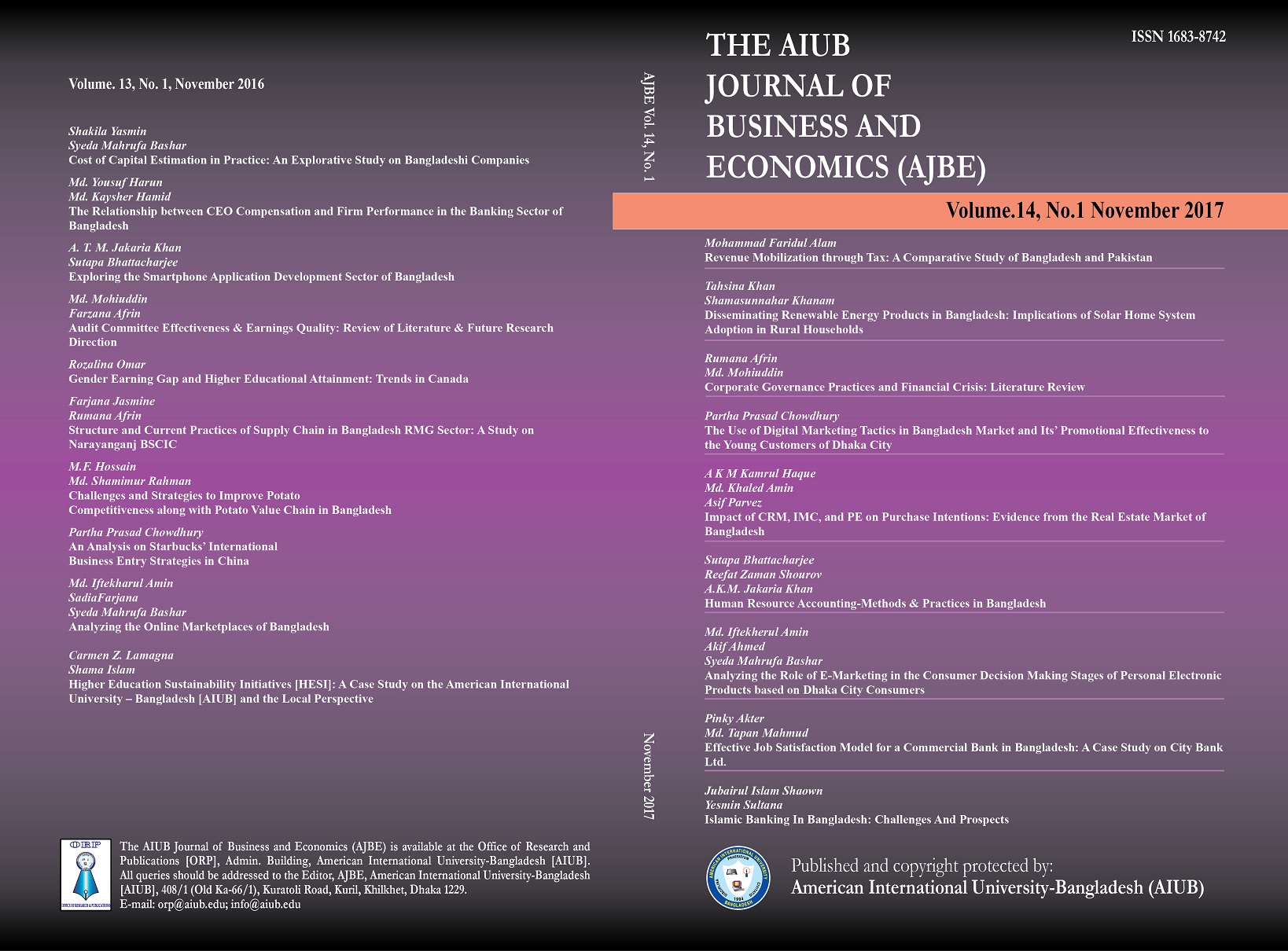 					View Vol. 14 No. 1 (2017): AIUB Journal of Business and Economics [AJBE]
				