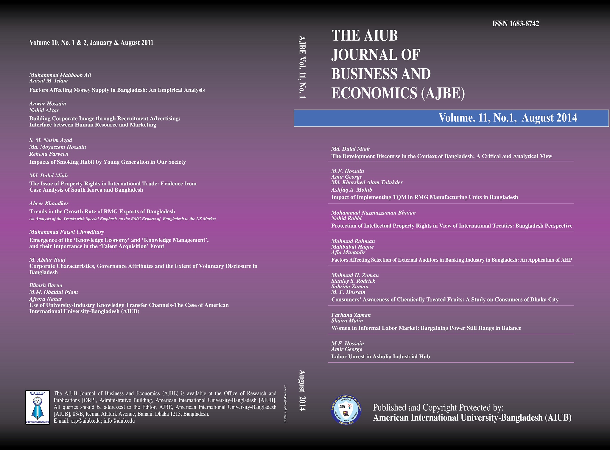 					View Vol. 11 No. 1 (2014): AIUB Journal of Business and Economics [AJBE]
				
